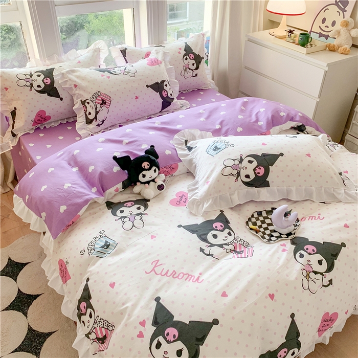 91家纺网 家纺一手货源 找家纺 玉元坊 2025年5月新品 三丽鸥花边被套全棉床单纯棉床裙床笠三四件套-库洛米系列 甜筒库洛米【花边款】