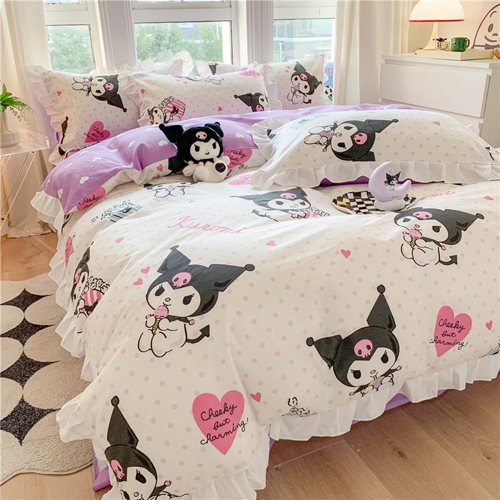 91家纺网 家纺一手货源 找家纺 玉元坊 2025年5月新品 三丽鸥花边被套全棉床单纯棉床裙床笠三四件套-库洛米系列 甜筒库洛米【花边款】