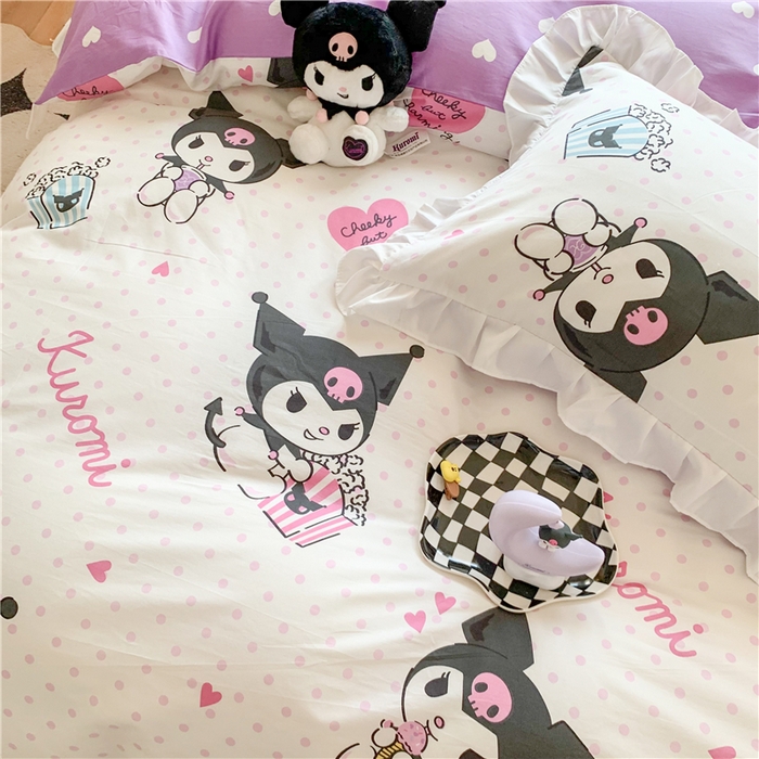 91家纺网 家纺一手货源 找家纺 玉元坊 2025年5月新品 三丽鸥花边被套全棉床单纯棉床裙床笠三四件套-库洛米系列 甜筒库洛米【花边款】