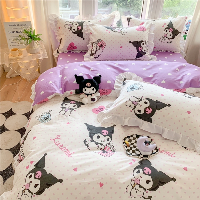 91家纺网 家纺一手货源 找家纺 玉元坊 2025年5月新品 三丽鸥花边被套全棉床单纯棉床裙床笠三四件套-库洛米系列 甜筒库洛米【花边款】