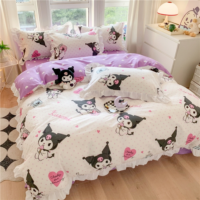 91家纺网 家纺一手货源 找家纺 玉元坊 2025年5月新品 三丽鸥花边被套全棉床单纯棉床裙床笠三四件套-库洛米系列 甜筒库洛米【花边款】