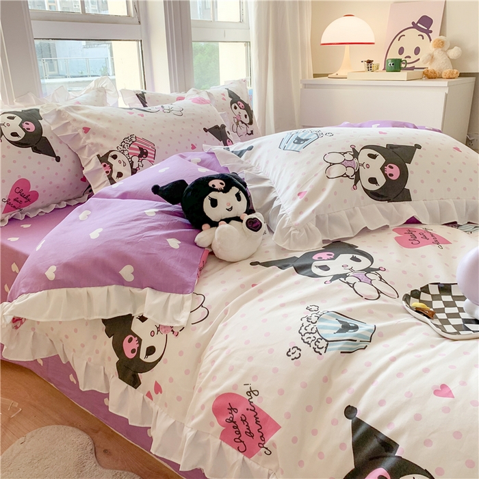 91家纺网 家纺一手货源 找家纺 玉元坊 2025年5月新品 三丽鸥花边被套全棉床单纯棉床裙床笠三四件套-库洛米系列 甜筒库洛米【花边款】