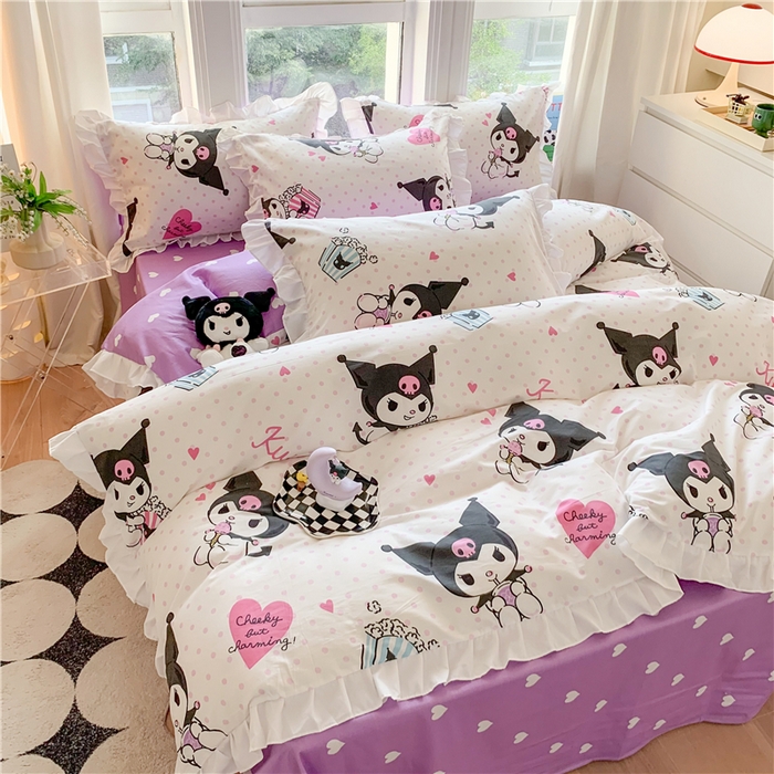 91家纺网 家纺一手货源 找家纺 玉元坊 2025年5月新品 三丽鸥花边被套全棉床单纯棉床裙床笠三四件套-库洛米系列 甜筒库洛米【花边款】