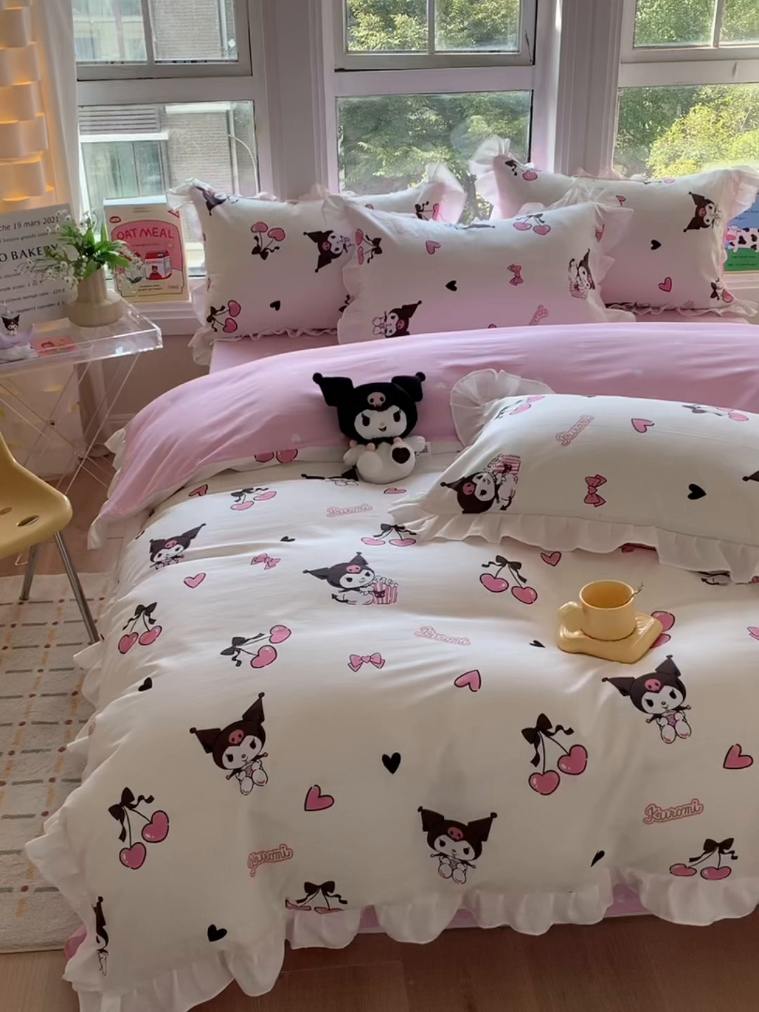 91家纺网 家纺一手货源 找家纺 玉元坊 2025年5月新品 三丽鸥花边被套全棉床单纯棉床裙床笠三四件套-库洛米系列 樱桃库洛米【花边款】