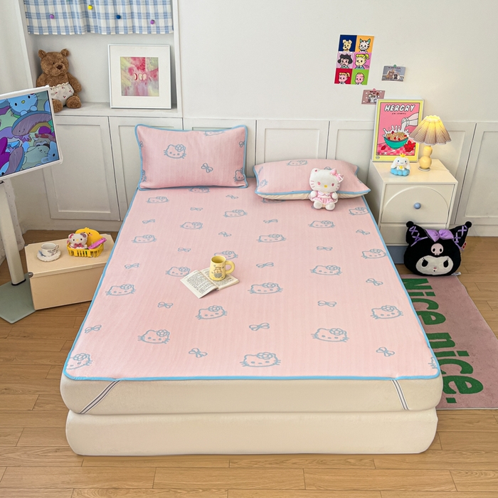 金爱家 2025新款A类三丽鸥授权kitty凉感中分子PE果冻席玛卡龙撞色空调软席凉席 PE果冻席-Kitty粉蓝