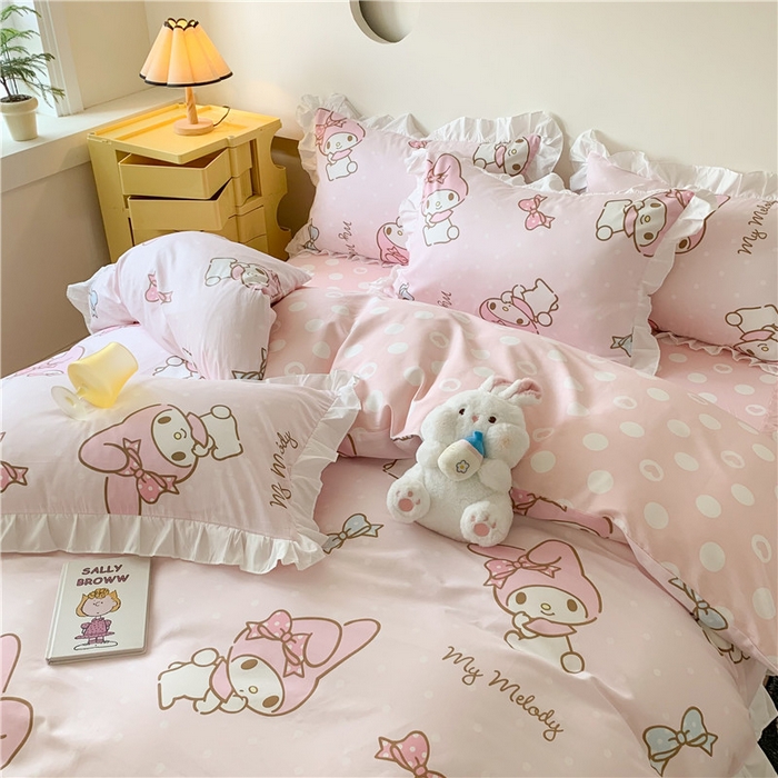 91家纺网 家纺一手货源 找家纺 玉元坊 2025年5月新品 三丽鸥花边被套全棉床单纯棉床裙床笠三四件套-美乐蒂系列 蝴蝶结美乐蒂【花边款】