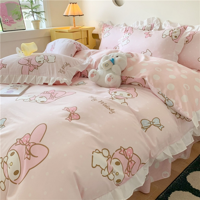 91家纺网 家纺一手货源 找家纺 玉元坊 2025年5月新品 三丽鸥花边被套全棉床单纯棉床裙床笠三四件套-美乐蒂系列 蝴蝶结美乐蒂【花边款】