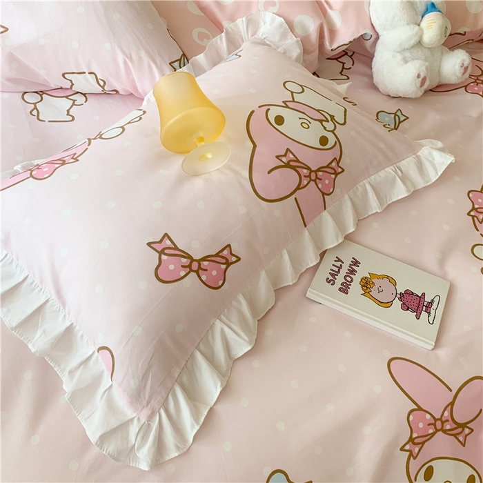 91家纺网 家纺一手货源 找家纺 玉元坊 2025年5月新品 三丽鸥花边被套全棉床单纯棉床裙床笠三四件套-美乐蒂系列 蝴蝶结美乐蒂【花边款】