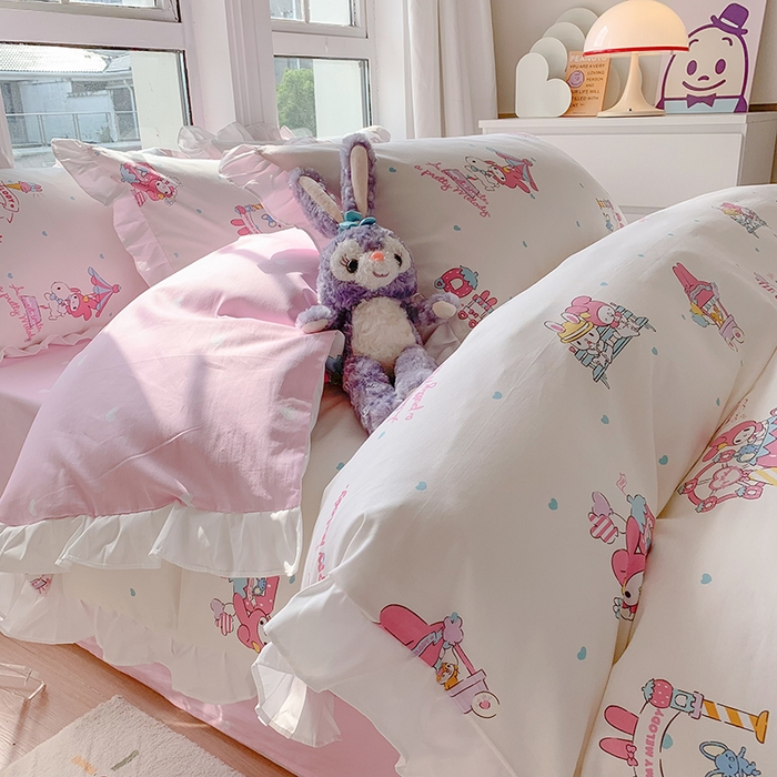 玉元坊 2025年5月新品 三丽鸥花边被套全棉床单纯棉床裙床笠三四件套-美乐蒂系列 开心美乐蒂【花边款】