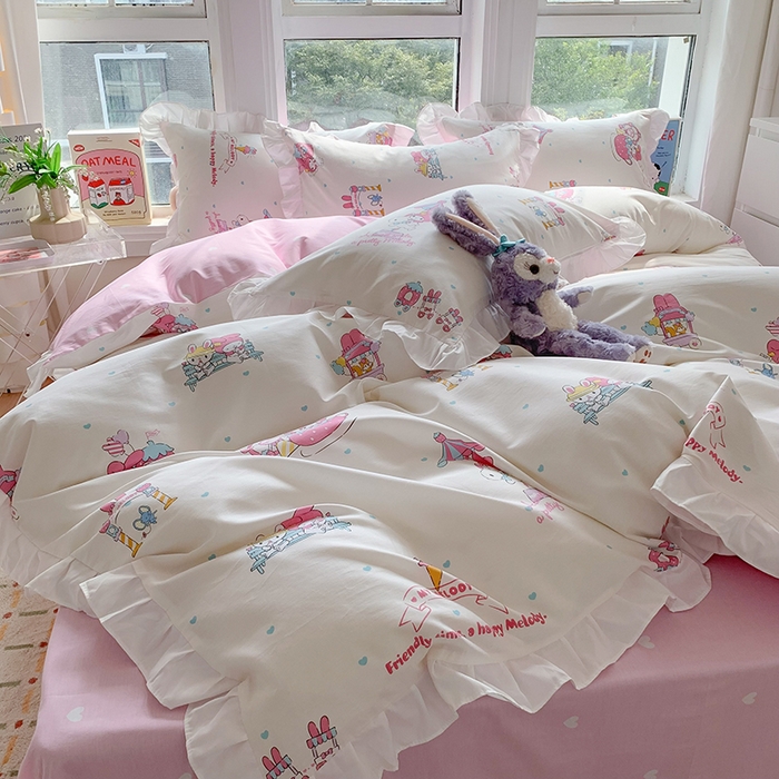 91家纺网 家纺一手货源 找家纺 玉元坊 2025年5月新品 三丽鸥花边被套全棉床单纯棉床裙床笠三四件套-美乐蒂系列 开心美乐蒂【花边款】