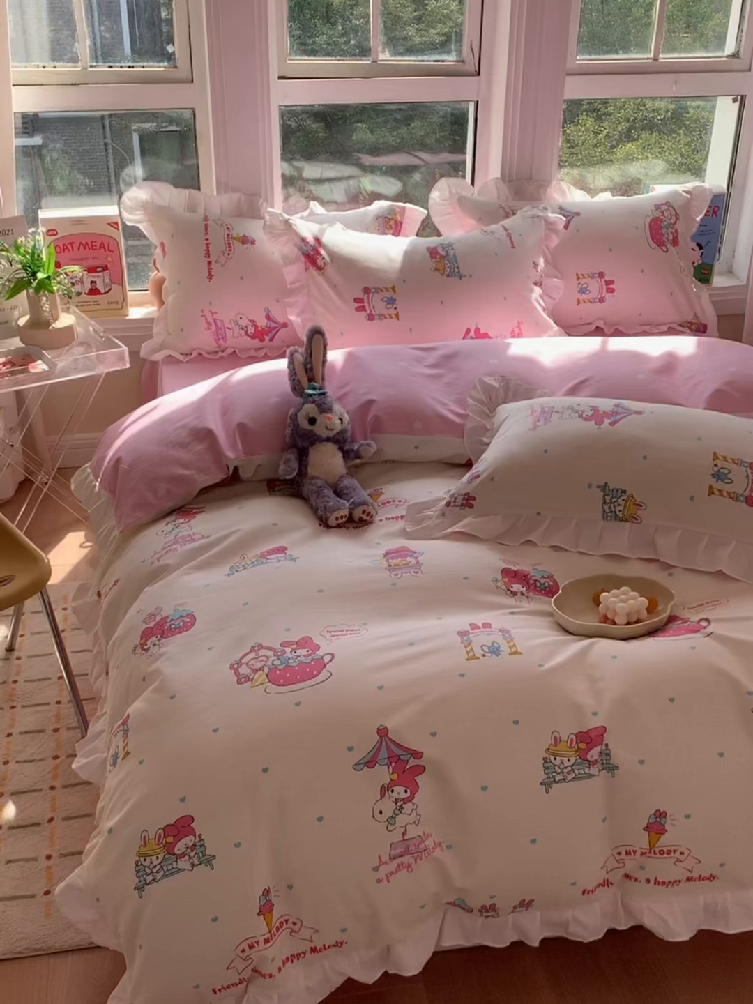 91家纺网 家纺一手货源 找家纺 玉元坊 2025年5月新品 三丽鸥花边被套全棉床单纯棉床裙床笠三四件套-美乐蒂系列 开心美乐蒂【花边款】