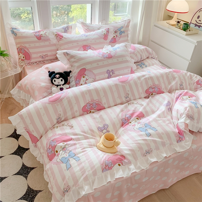 91家纺网 家纺一手货源 找家纺 玉元坊 2025年5月新品 三丽鸥花边被套全棉床单纯棉床裙床笠三四件套-美乐蒂系列 甜甜美乐蒂【花边款】