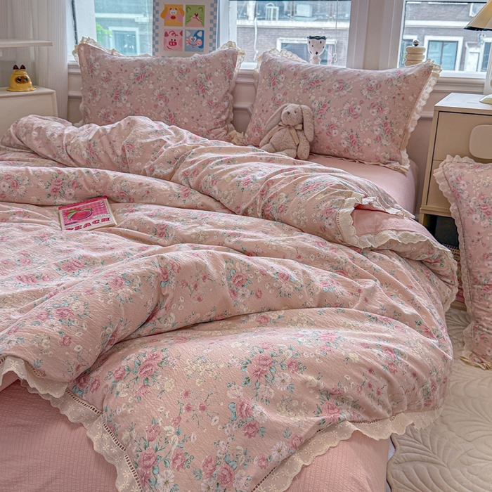 91家纺网 家纺一手货源 找家纺 芯贝儿 2025新款全m纯m花边木m邹邹双层纱水洗m四件套 爱如星辰