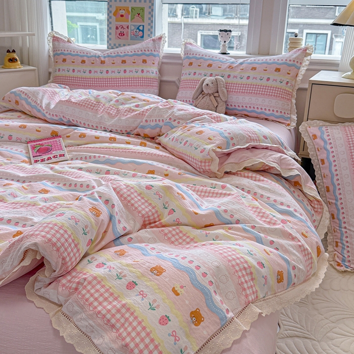 91家纺网 家纺一手货源 找家纺 （总）芯贝儿 2025新款全m纯m花边木m邹邹双层纱水洗m四件套