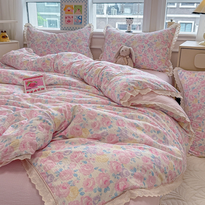 91家纺网 家纺一手货源 找家纺 （总）芯贝儿 2025新款全m纯m花边木m邹邹双层纱水洗m四件套