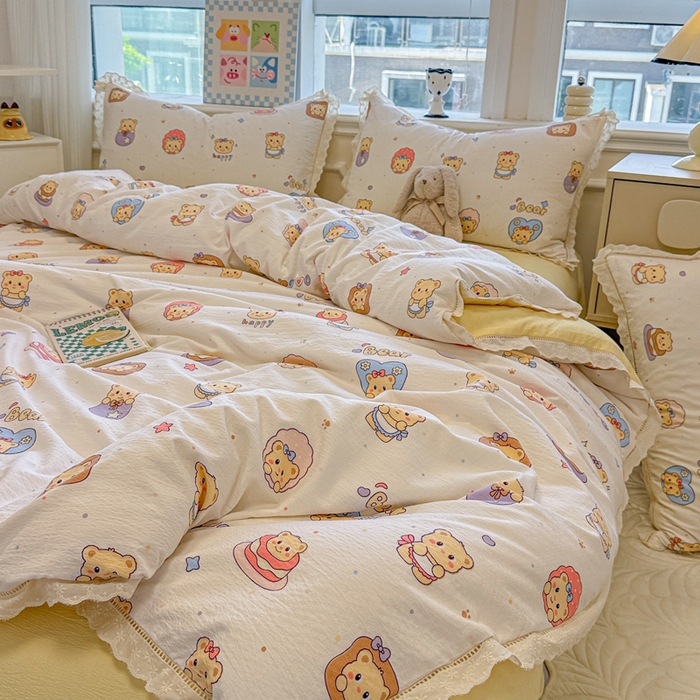 91家纺网 家纺一手货源 找家纺 芯贝儿 2025新款全m纯m花边木m邹邹双层纱水洗m四件套 奶油小熊