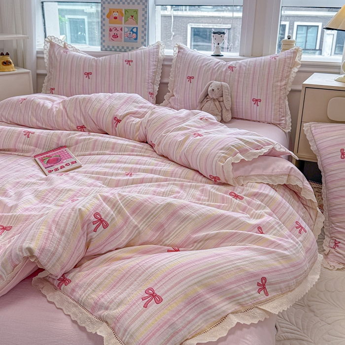 91家纺网 家纺一手货源 找家纺 芯贝儿 2025新款全m纯m花边木m邹邹双层纱水洗m四件套 情人结