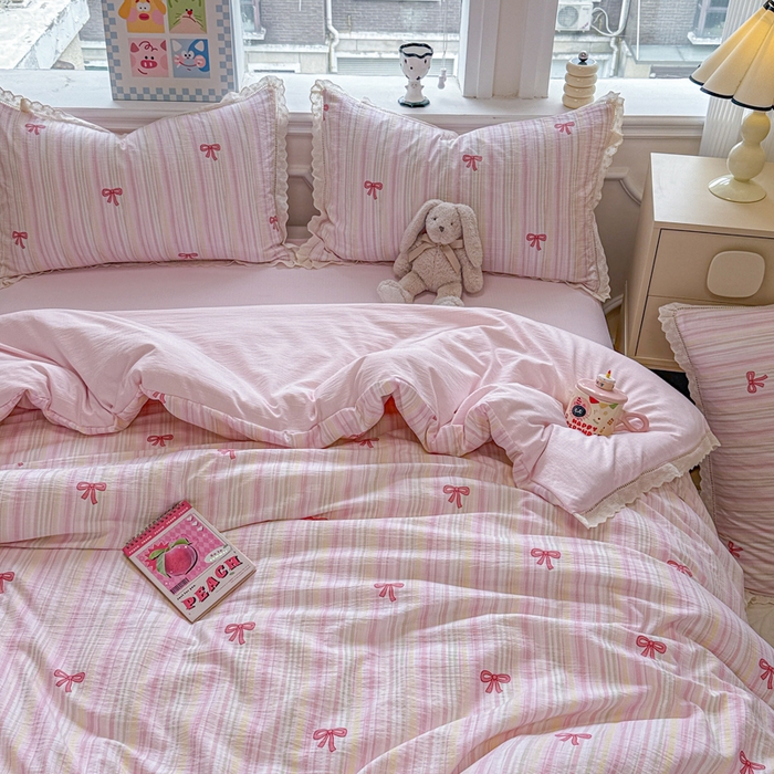 91家纺网 家纺一手货源 找家纺 芯贝儿 2025新款全m纯m花边木m邹邹双层纱水洗m四件套 情人结