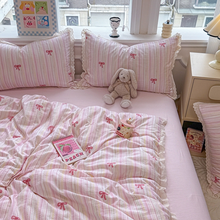 91家纺网 家纺一手货源 找家纺 芯贝儿 2025新款全m纯m花边木m邹邹双层纱水洗m四件套 情人结