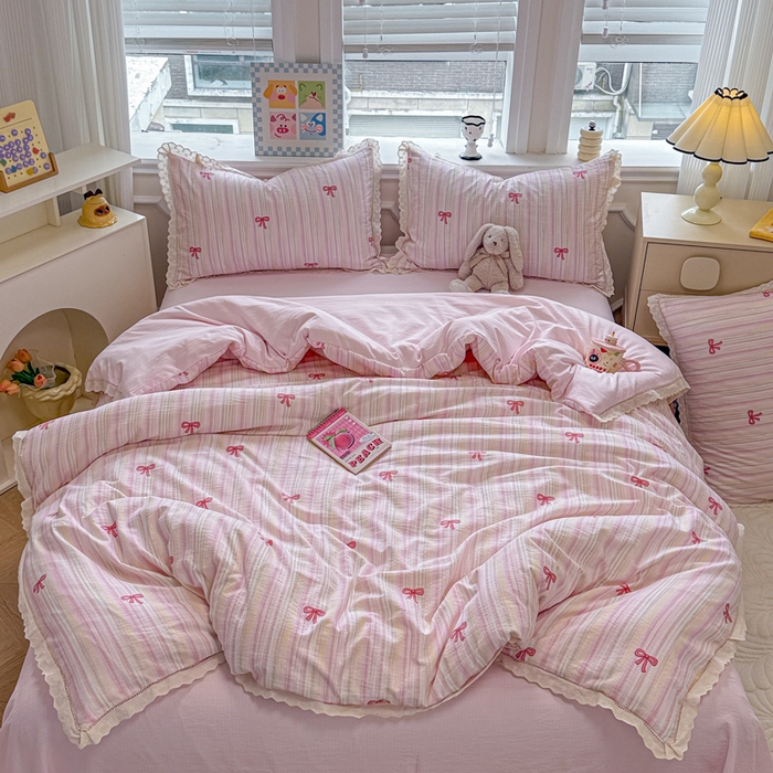 91家纺网 家纺一手货源 找家纺 芯贝儿 2025新款全m纯m花边木m邹邹双层纱水洗m四件套 情人结