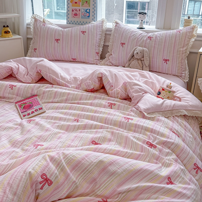 91家纺网 家纺一手货源 找家纺 芯贝儿 2025新款全m纯m花边木m邹邹双层纱水洗m四件套 情人结