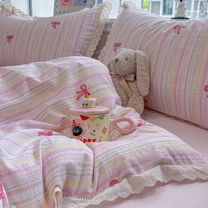 91家纺网 家纺一手货源 找家纺 芯贝儿 2025新款全m纯m花边木m邹邹双层纱水洗m四件套 情人结