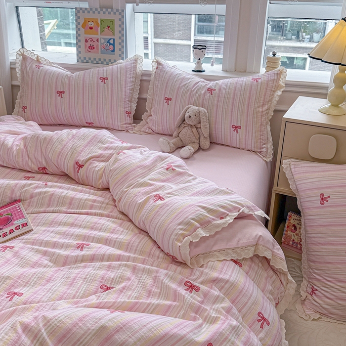 91家纺网 家纺一手货源 找家纺 芯贝儿 2025新款全m纯m花边木m邹邹双层纱水洗m四件套 情人结