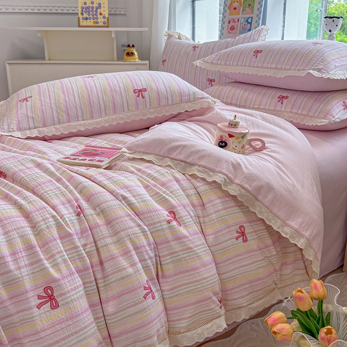 91家纺网 家纺一手货源 找家纺 芯贝儿 2025新款全m纯m花边木m邹邹双层纱水洗m四件套 情人结