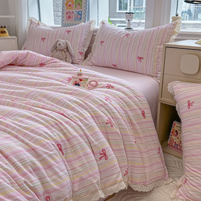 91家纺网 家纺一手货源 找家纺 芯贝儿 2025新款全m纯m花边木m邹邹双层纱水洗m四件套 情人结