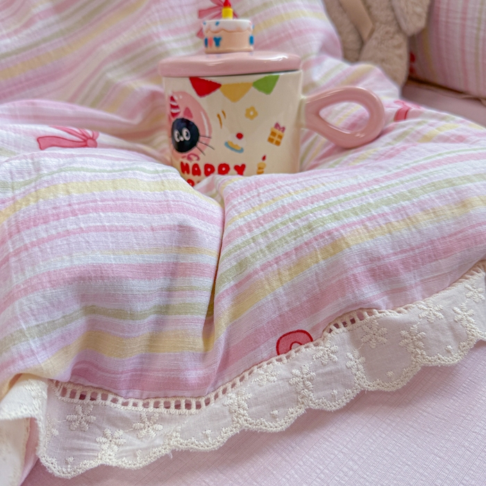 91家纺网 家纺一手货源 找家纺 芯贝儿 2025新款全m纯m花边木m邹邹双层纱水洗m四件套 情人结