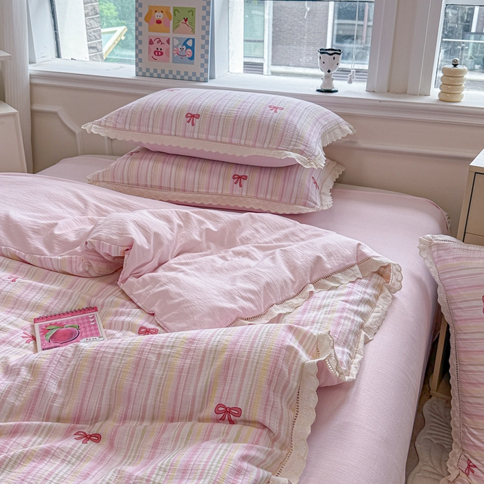 91家纺网 家纺一手货源 找家纺 芯贝儿 2025新款全m纯m花边木m邹邹双层纱水洗m四件套 情人结