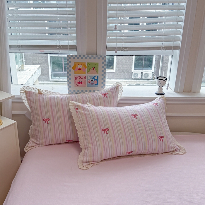 91家纺网 家纺一手货源 找家纺 芯贝儿 2025新款全m纯m花边木m邹邹双层纱水洗m四件套 情人结