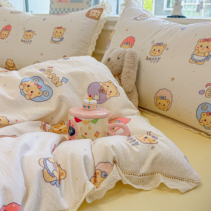 91家纺网 家纺一手货源 找家纺 芯贝儿 2025新款全m纯m花边木m邹邹双层纱水洗m四件套 奶油小熊