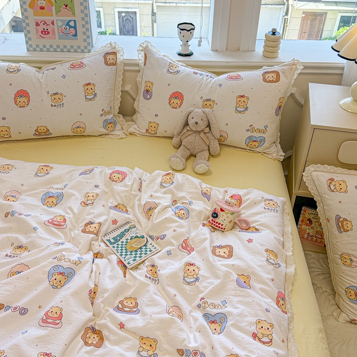 91家纺网 家纺一手货源 找家纺 芯贝儿 2025新款全m纯m花边木m邹邹双层纱水洗m四件套 奶油小熊