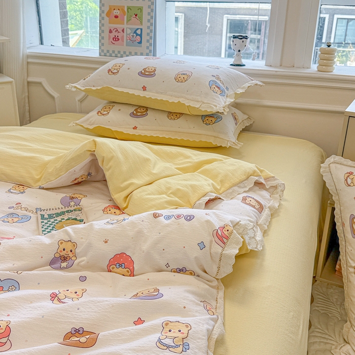 91家纺网 家纺一手货源 找家纺 芯贝儿 2025新款全m纯m花边木m邹邹双层纱水洗m四件套 奶油小熊