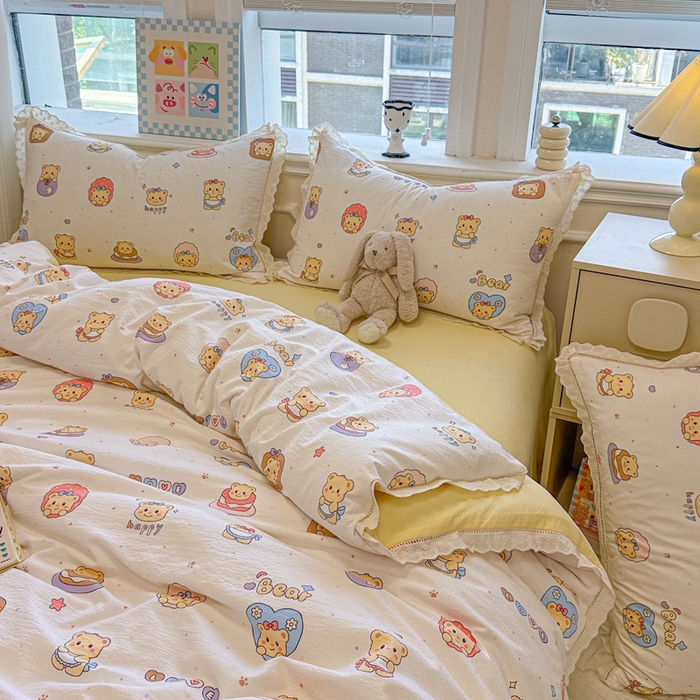 91家纺网 家纺一手货源 找家纺 芯贝儿 2025新款全m纯m花边木m邹邹双层纱水洗m四件套 奶油小熊