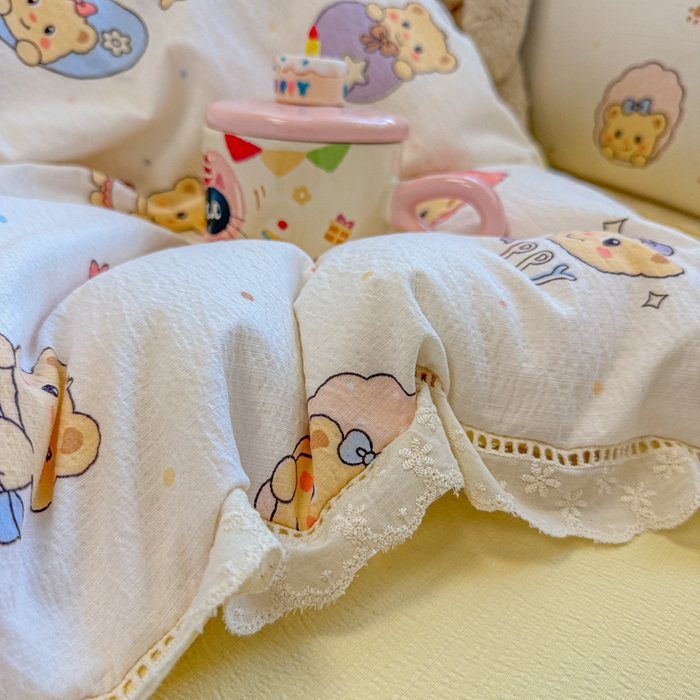 91家纺网 家纺一手货源 找家纺 芯贝儿 2025新款全m纯m花边木m邹邹双层纱水洗m四件套 奶油小熊