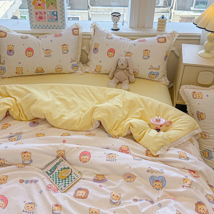 91家纺网 家纺一手货源 找家纺 芯贝儿 2025新款全m纯m花边木m邹邹双层纱水洗m四件套 奶油小熊