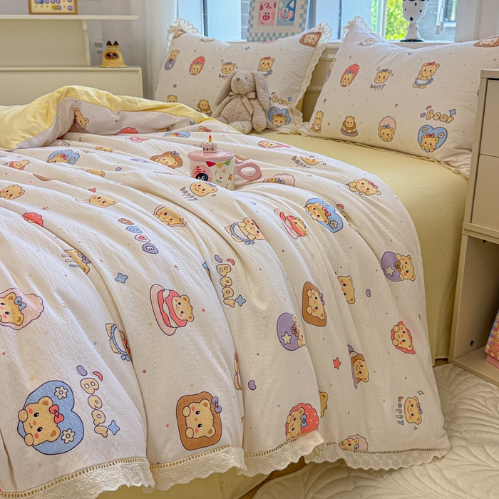 91家纺网 家纺一手货源 找家纺 芯贝儿 2025新款全m纯m花边木m邹邹双层纱水洗m四件套 奶油小熊