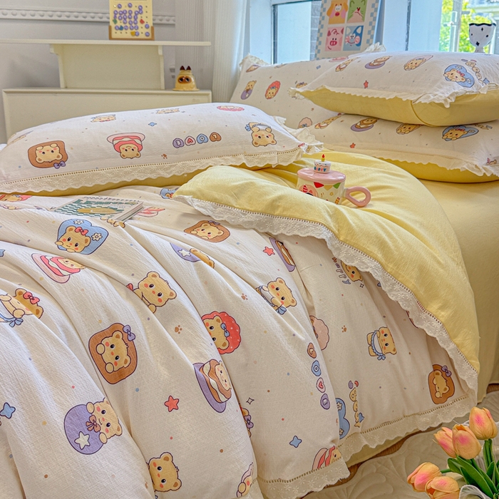 91家纺网 家纺一手货源 找家纺 芯贝儿 2025新款全m纯m花边木m邹邹双层纱水洗m四件套 奶油小熊