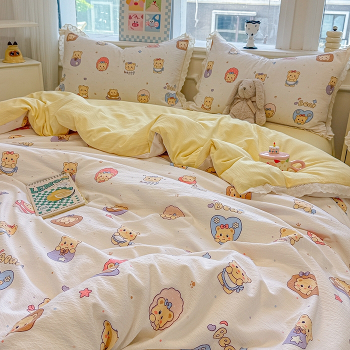 91家纺网 家纺一手货源 找家纺 芯贝儿 2025新款全m纯m花边木m邹邹双层纱水洗m四件套 奶油小熊