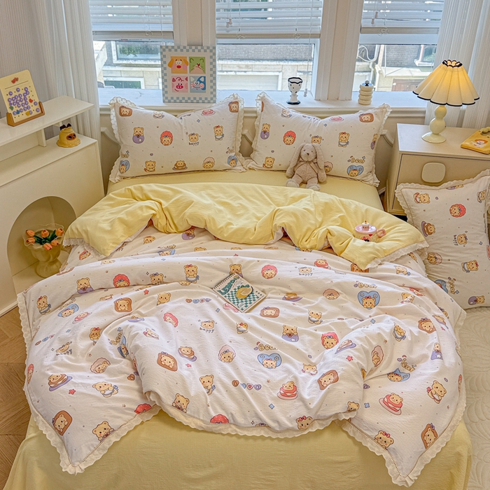 91家纺网 家纺一手货源 找家纺 芯贝儿 2025新款全m纯m花边木m邹邹双层纱水洗m四件套 奶油小熊