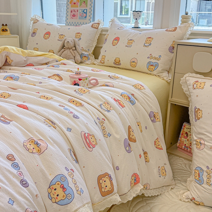 91家纺网 家纺一手货源 找家纺 芯贝儿 2025新款全m纯m花边木m邹邹双层纱水洗m四件套 奶油小熊