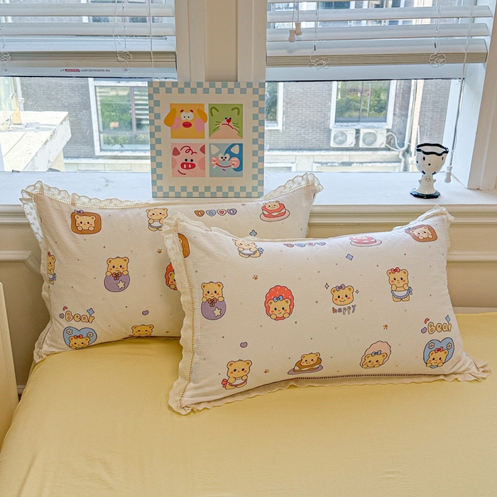 91家纺网 家纺一手货源 找家纺 芯贝儿 2025新款全m纯m花边木m邹邹双层纱水洗m四件套 奶油小熊