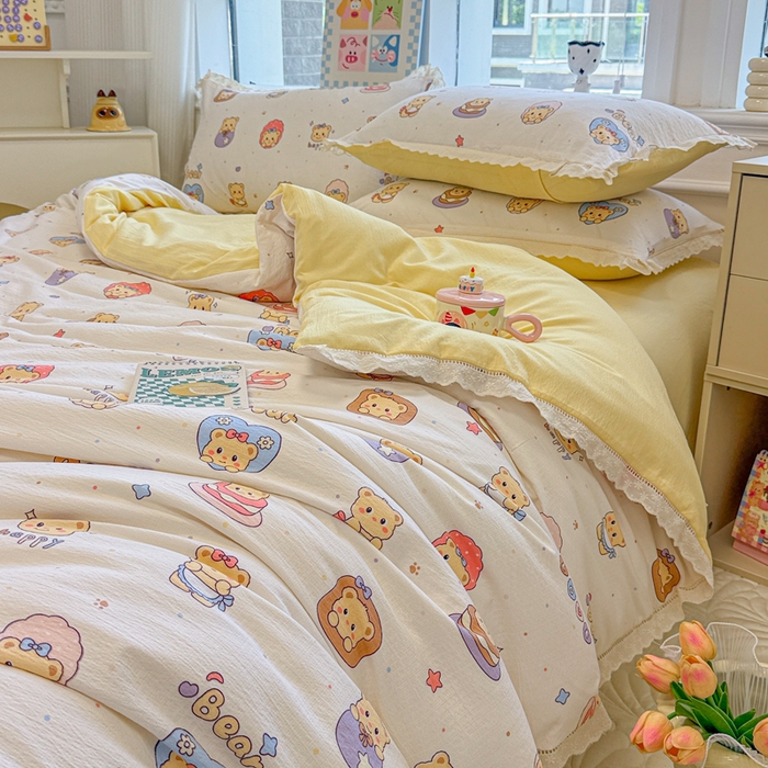 91家纺网 家纺一手货源 找家纺 芯贝儿 2025新款全m纯m花边木m邹邹双层纱水洗m四件套 奶油小熊