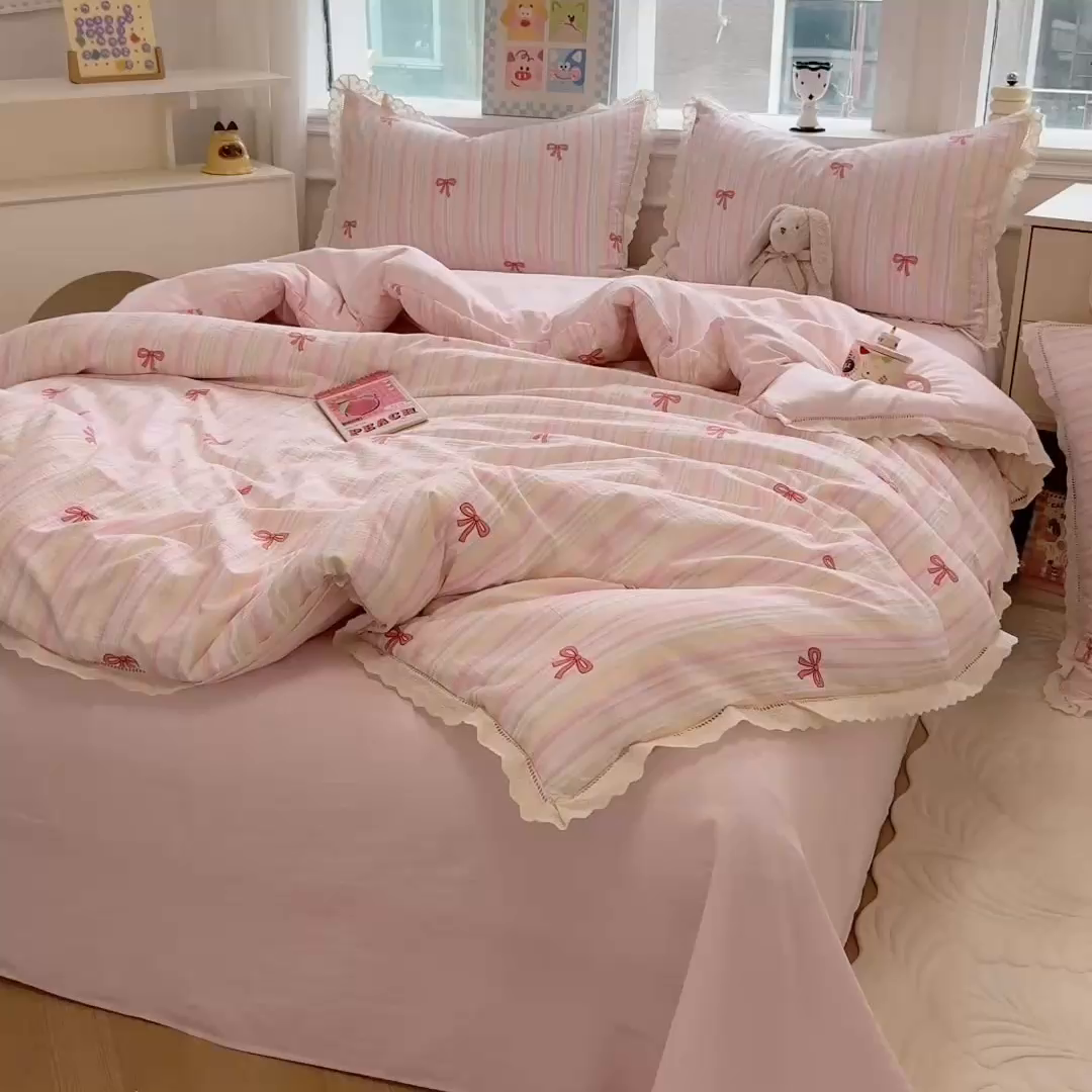 91家纺网 家纺一手货源 找家纺 芯贝儿 2025新款全m纯m花边木m邹邹双层纱水洗m四件套 情人结