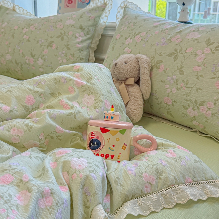 91家纺网 家纺一手货源 找家纺 芯贝儿 2025新款全m纯m花边木m邹邹双层纱水洗m四件套 木槿