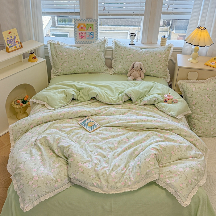 91家纺网 家纺一手货源 找家纺 芯贝儿 2025新款全m纯m花边木m邹邹双层纱水洗m四件套 木槿