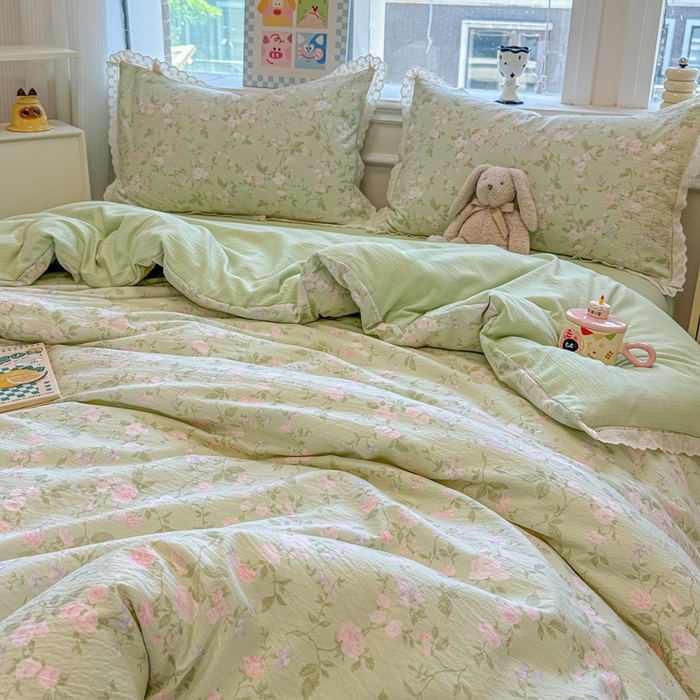 91家纺网 家纺一手货源 找家纺 芯贝儿 2025新款全m纯m花边木m邹邹双层纱水洗m四件套 木槿