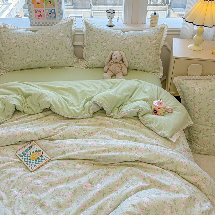 91家纺网 家纺一手货源 找家纺 芯贝儿 2025新款全m纯m花边木m邹邹双层纱水洗m四件套 木槿